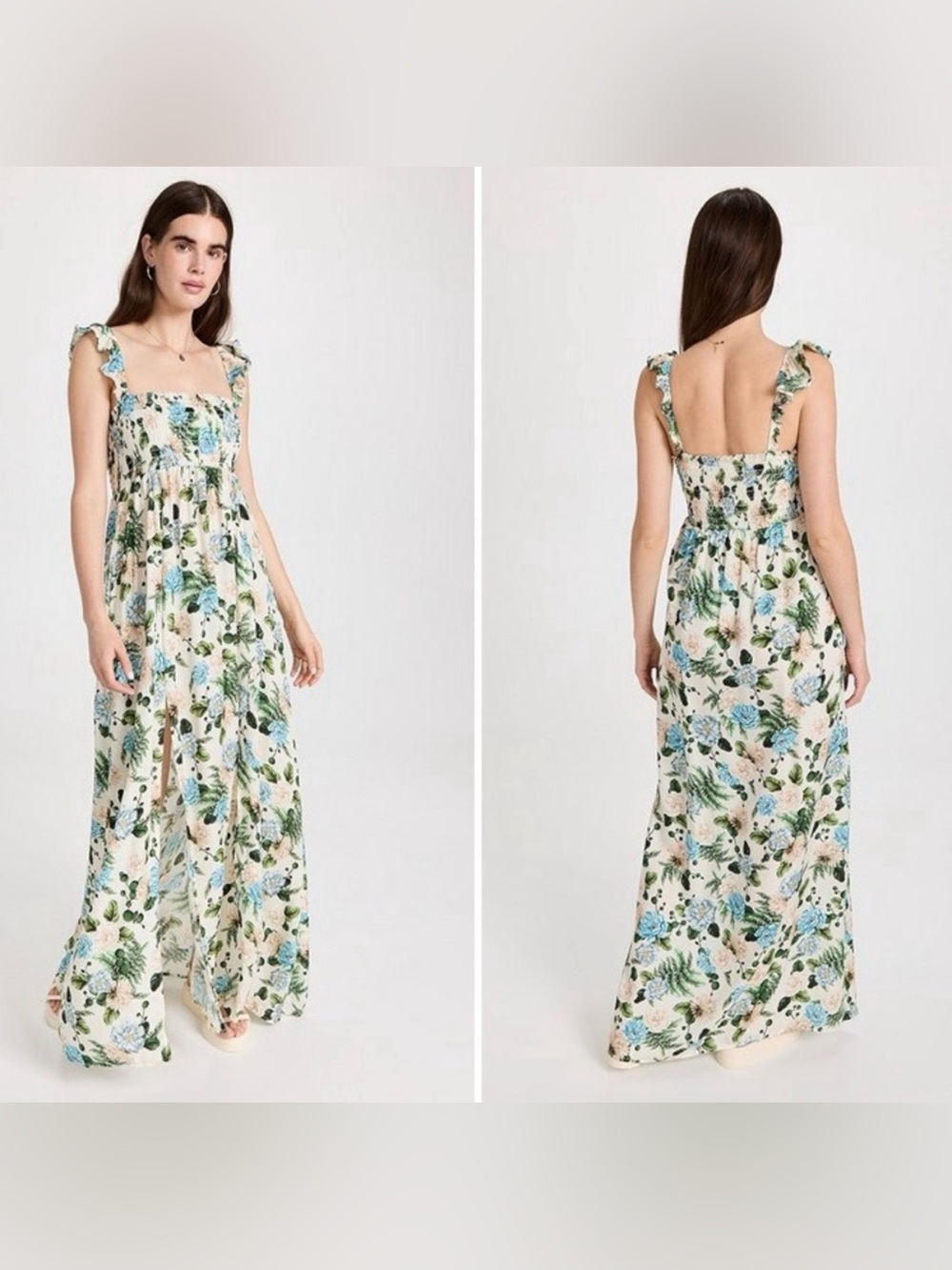 Agua Benita Leandra Floral Linen-Blend Maxi Dress - Cream & Blue Slit Smocked EU